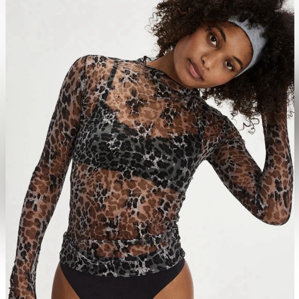 Free People LADY LUX Layering Top Tee Twilight Charcoal Combo Leopard M NEW NWT